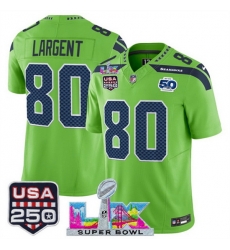Men Seattle Seahawks 80 Steve Largent Green 2025 F U S E  Super Bowl LX Patch And 50th Season  USA 250 Patch Vapor Limited Football Stitched Jersey
