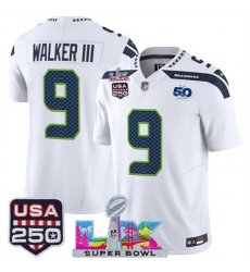 Men Seattle Seahawks 9 Kenneth Walker III White 2025 F U S E  Super Bowl LX Patch And 50th Season  USA 250 Patch Vapor Limited Football Stitched Jersey