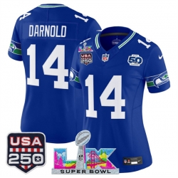 Women Seattle Seahawks 14 Sam Darnold Royal 2025 F U S E Super Bowl LX Patch And 50th Season  USA 250 Patch Vapor Throwback Limited Stitched Football Jerse