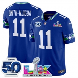Youth Seattle Seahawks 11 Jaxon Smith Njigba Royal 2025 F U S E  Super Bowl LX Patch And 50th Season Patch Vapor Throwback Limited Stitched Football Jersey