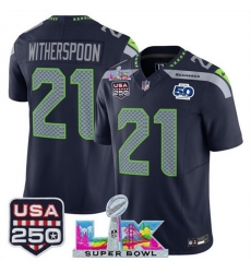 Youth Seattle Seahawks 21 Devon Witherspoon Navy 2025 F U S E  Super Bowl LX Patch And 50th Season  USA 250 Patch Vapor Limited Stitched Football Jersey
